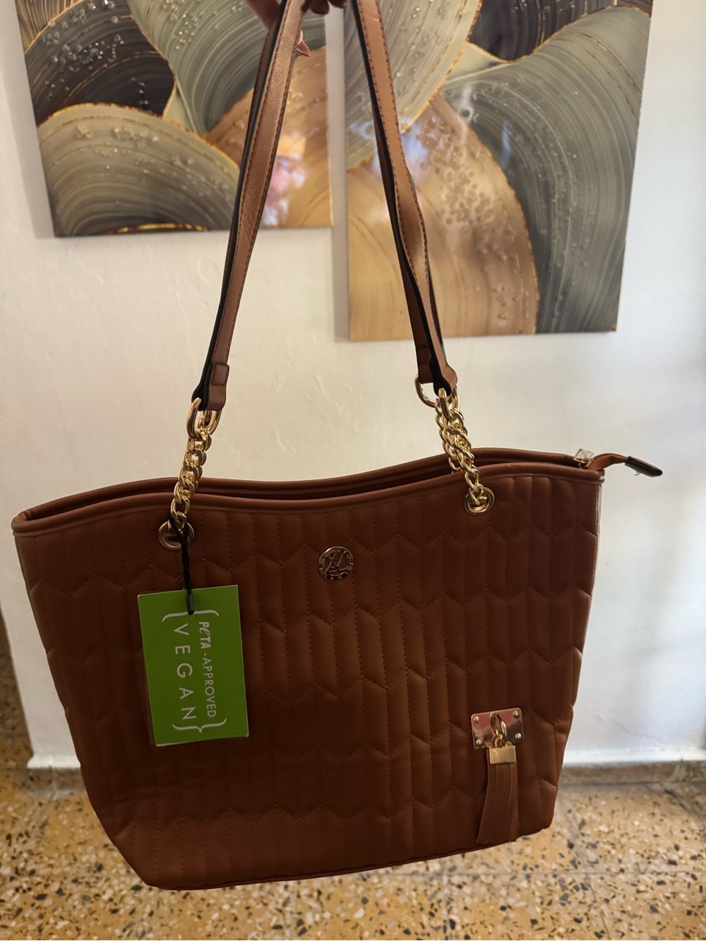 Vegan Quilted Tote Bag in Brown with Gold Hardware